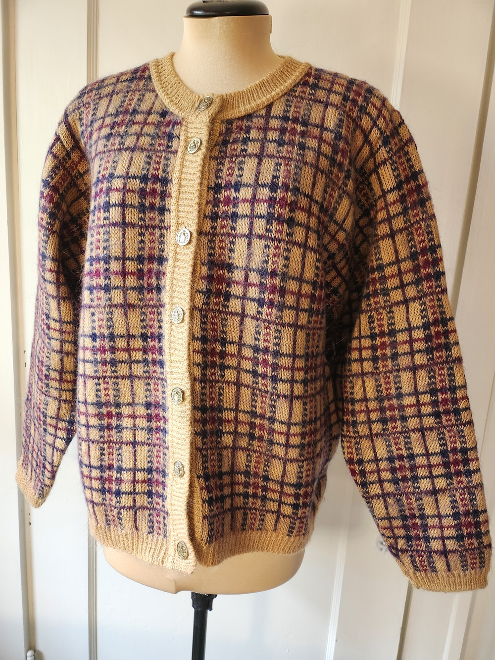 Vtg Scottish Mohair Plaid Cardigan Tan/Navy/Maroon Gold Buttons